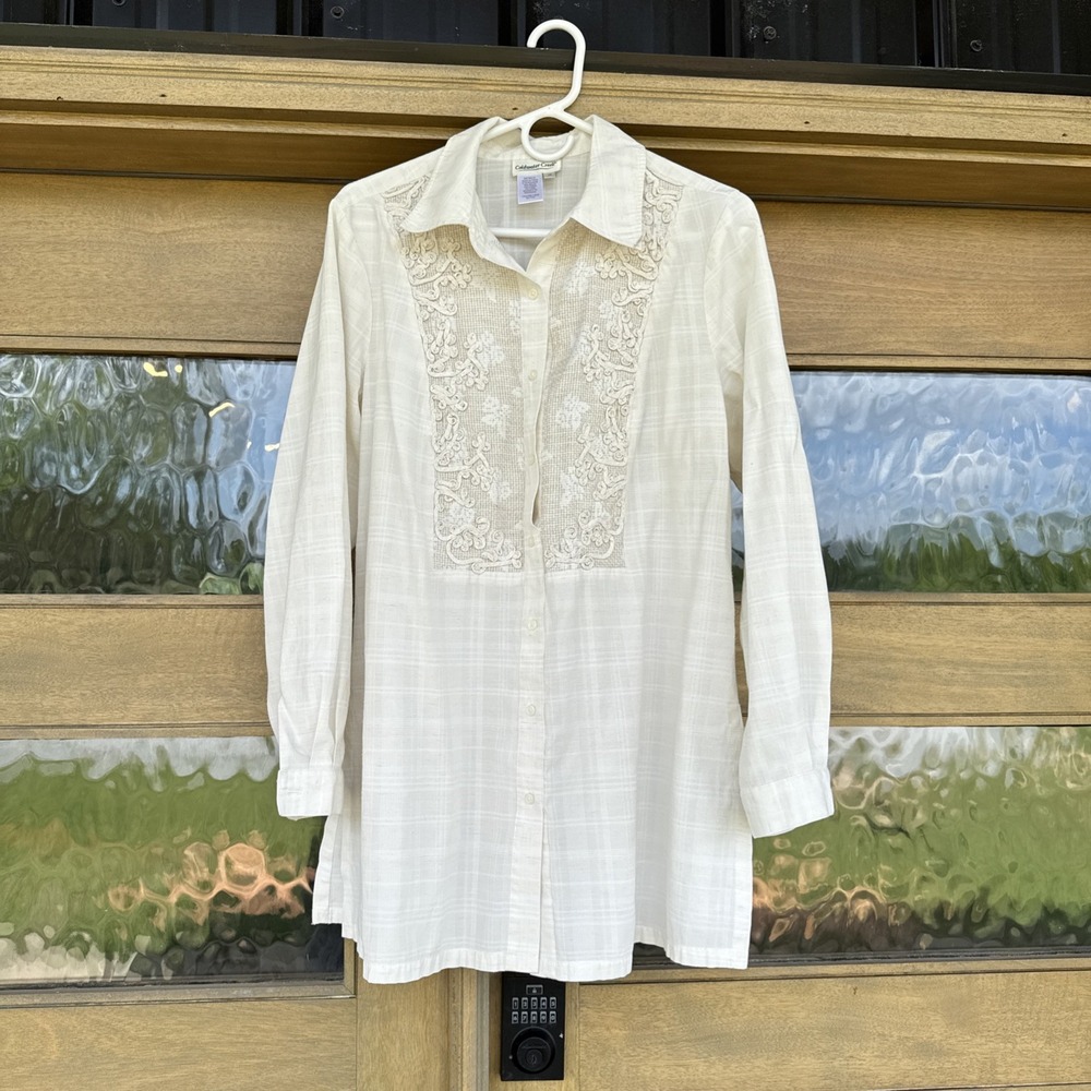 Coldwater Creek Cream Victorian Inspired Button Up‎ Embroidered Shirt 1X